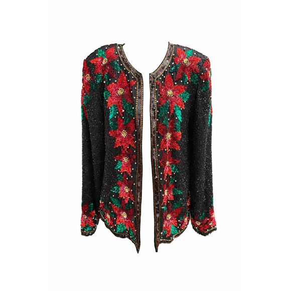 VTG Carina Black Beaded Sequin Blazer Floral Statement Holiday Jacket Size M - Picture 1 of 7